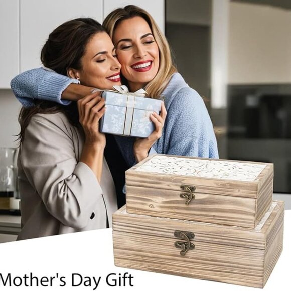 NEW Set of 2 - Wooden Box Rustic Farmhouse Decorative Boxes with Hinged Lid - Picture 8 of 10